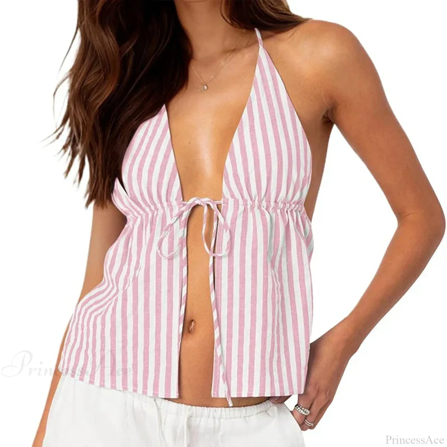 Striped Front Tie Halter Low Cut Crop Top - Image 9