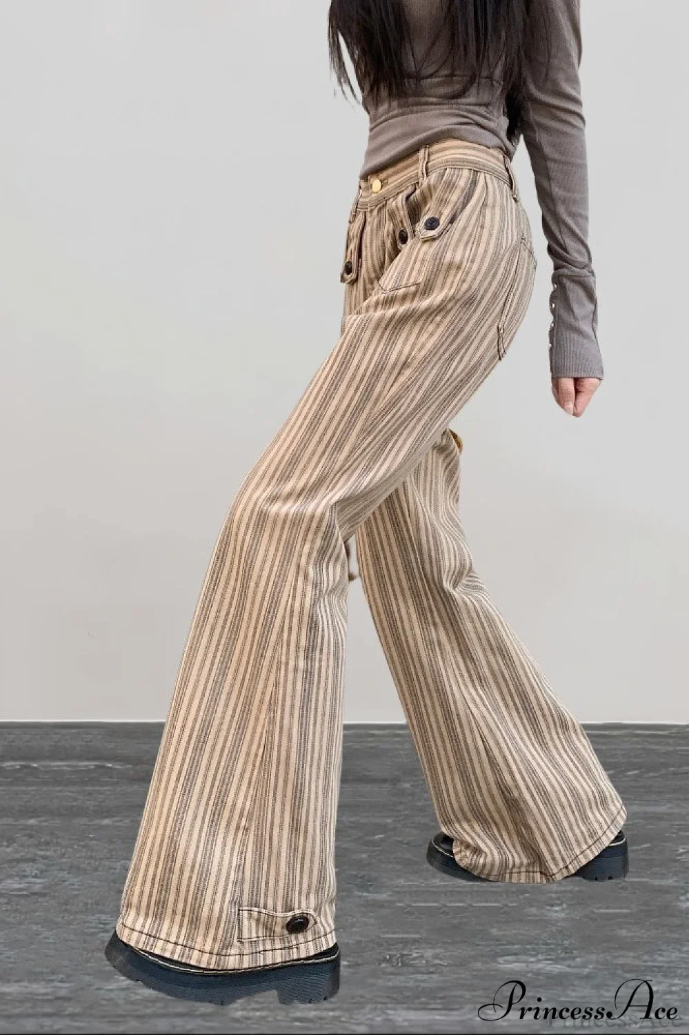 Striped Khaki Low Waist Slim Flared Jeans - Image 3