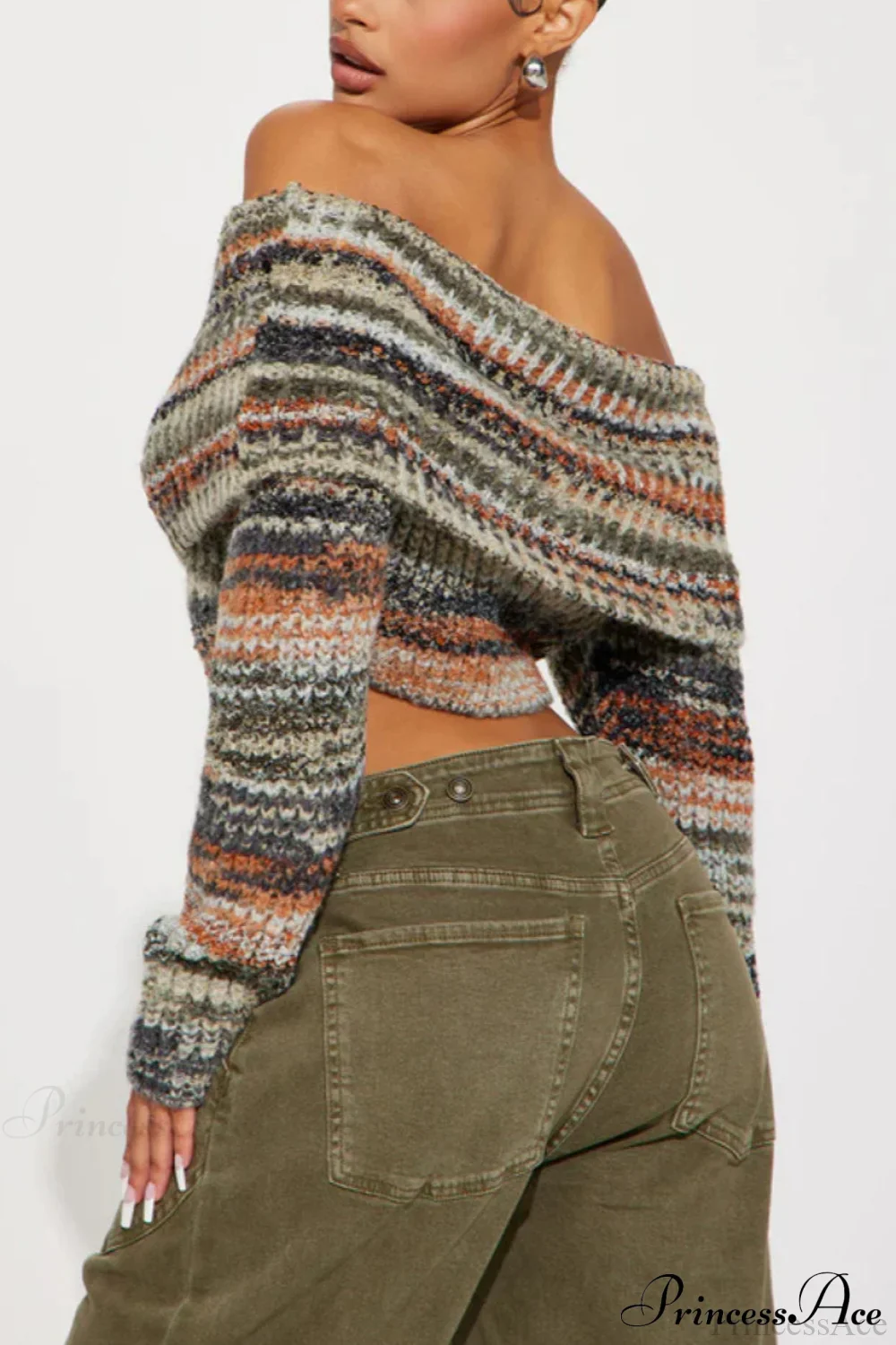 Striped Knit Fitted Off Shoulder Long Sleeve Crop Top - Image 2