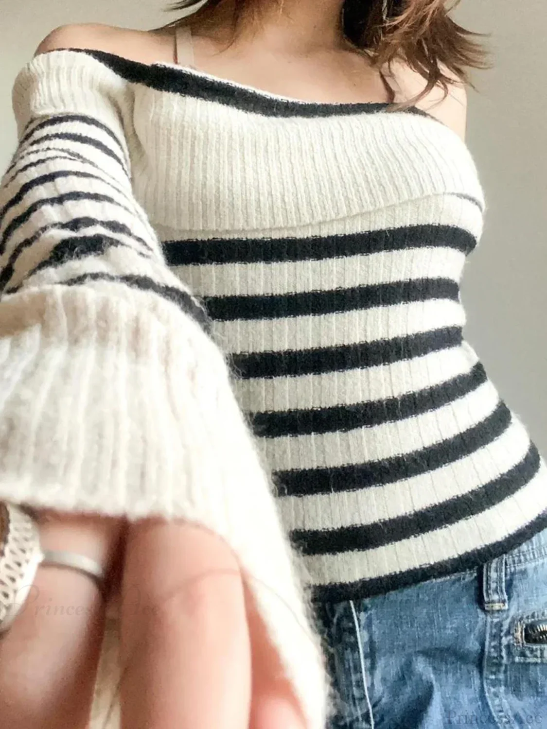 Striped Knitted Slash Neck Long Sleeve Basic Pullover Sweater - Image 2