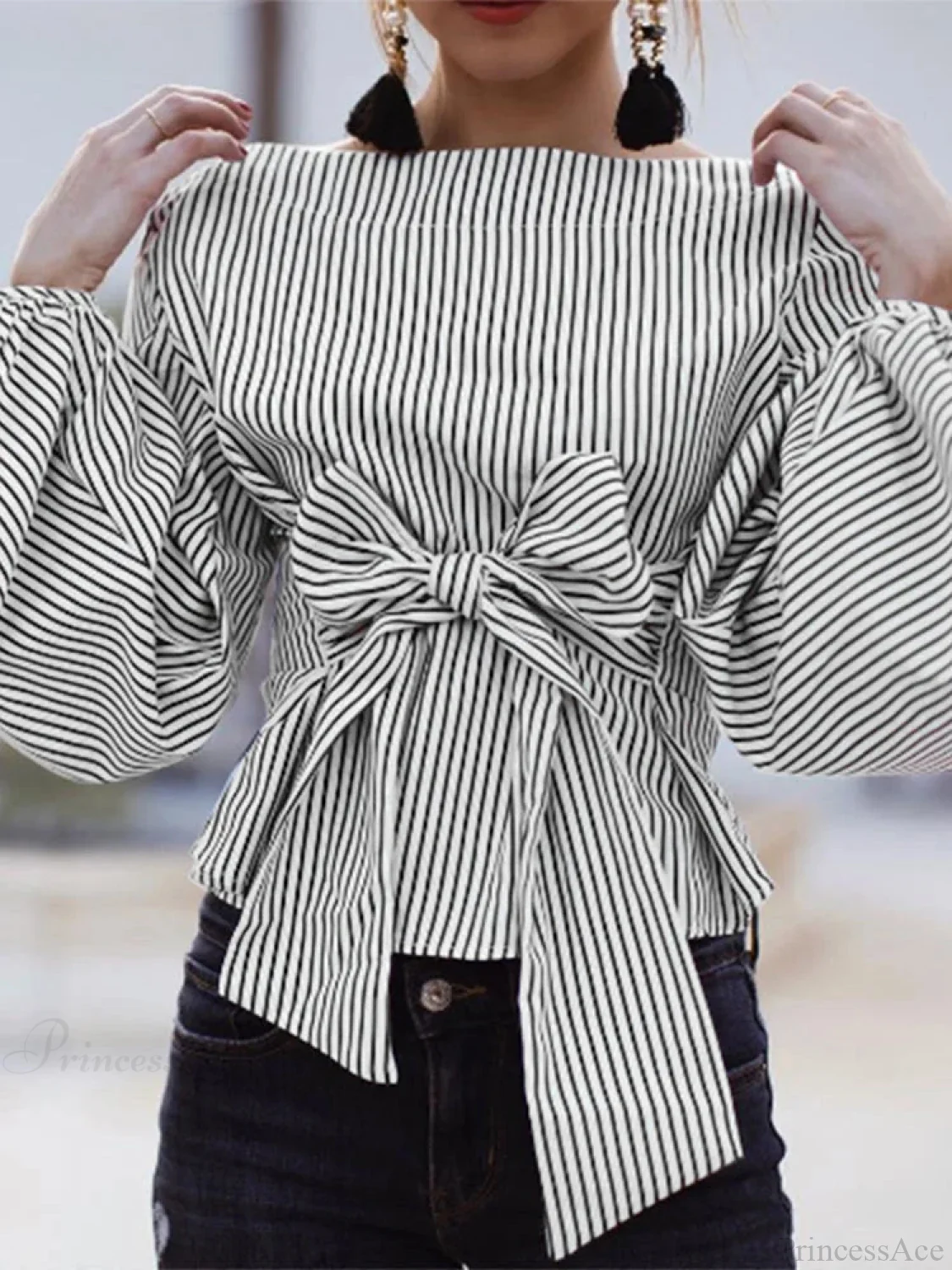 Striped Lantern Sleeve O-Neck Blouse - Image 2