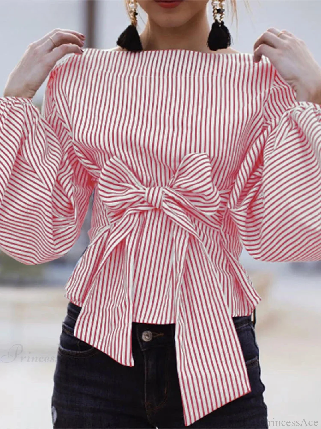 Striped Lantern Sleeve O-Neck Blouse - Image 3