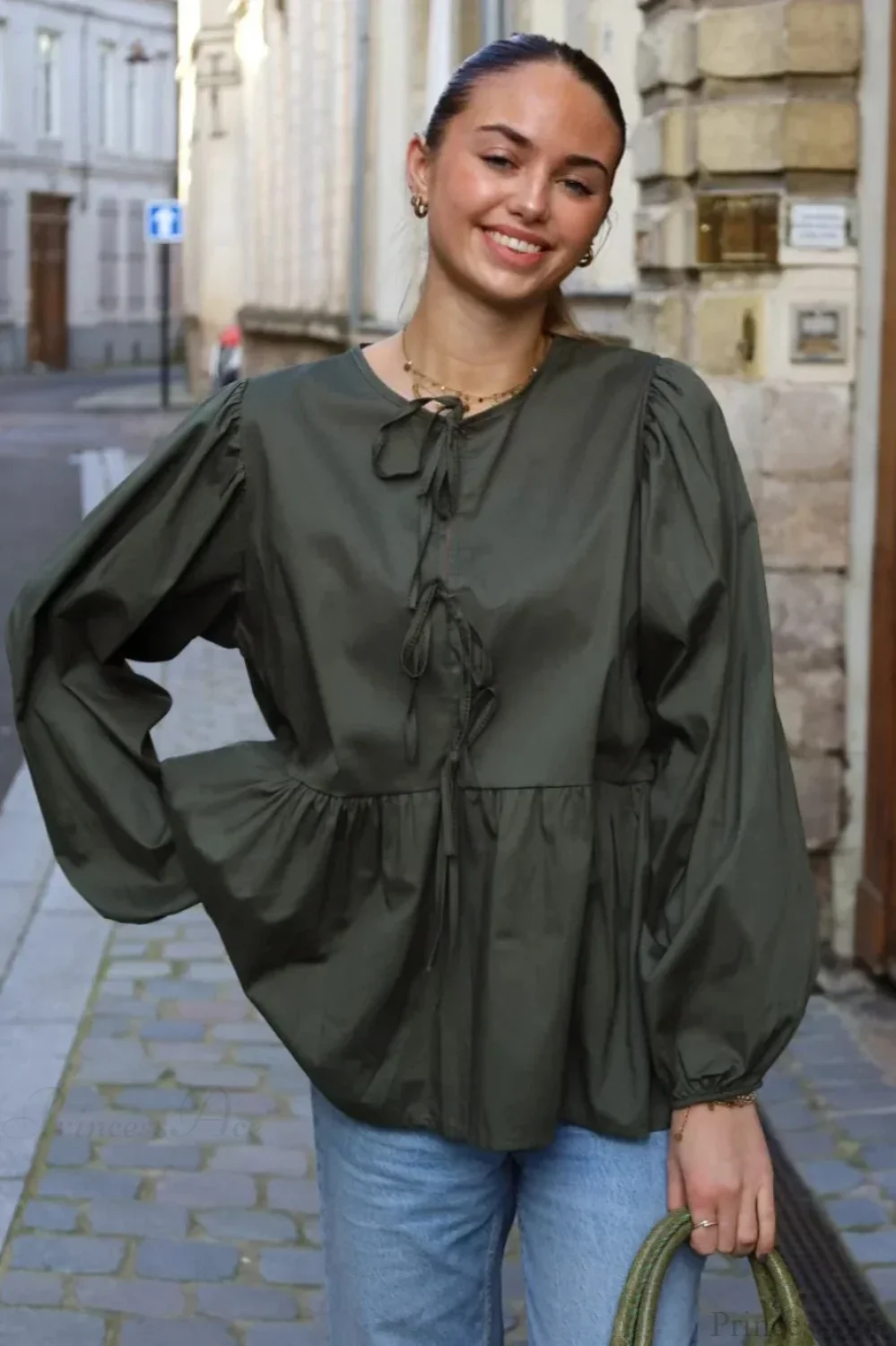 Striped Loose Fit Lace-Up Round Neck Blouse - Image 11