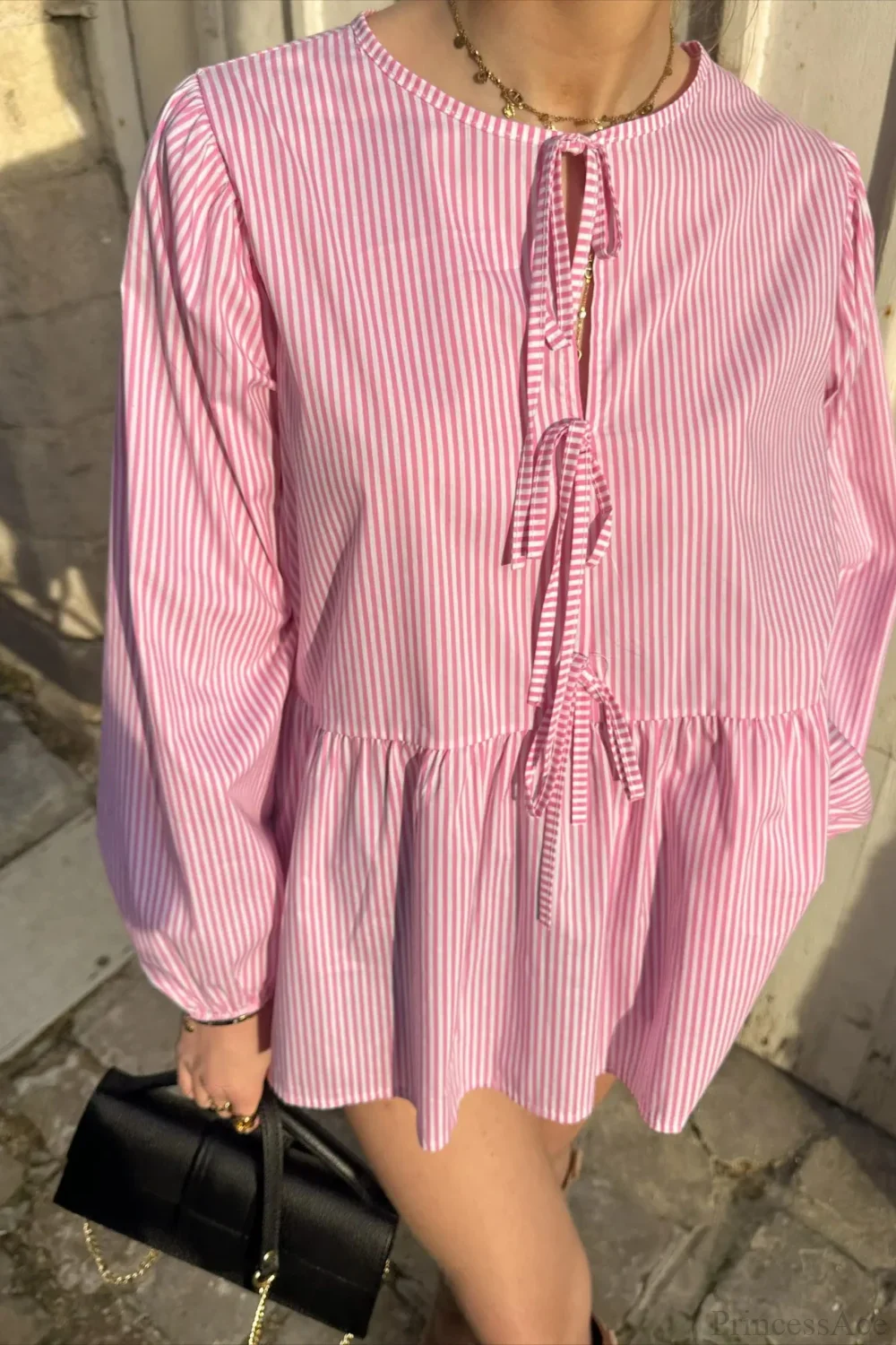 Striped Loose Fit Lace-Up Round Neck Blouse - Image 12