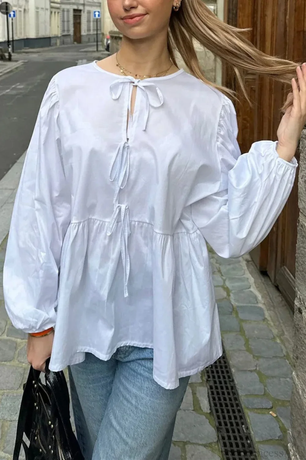 Striped Loose Fit Lace-Up Round Neck Blouse - Image 5
