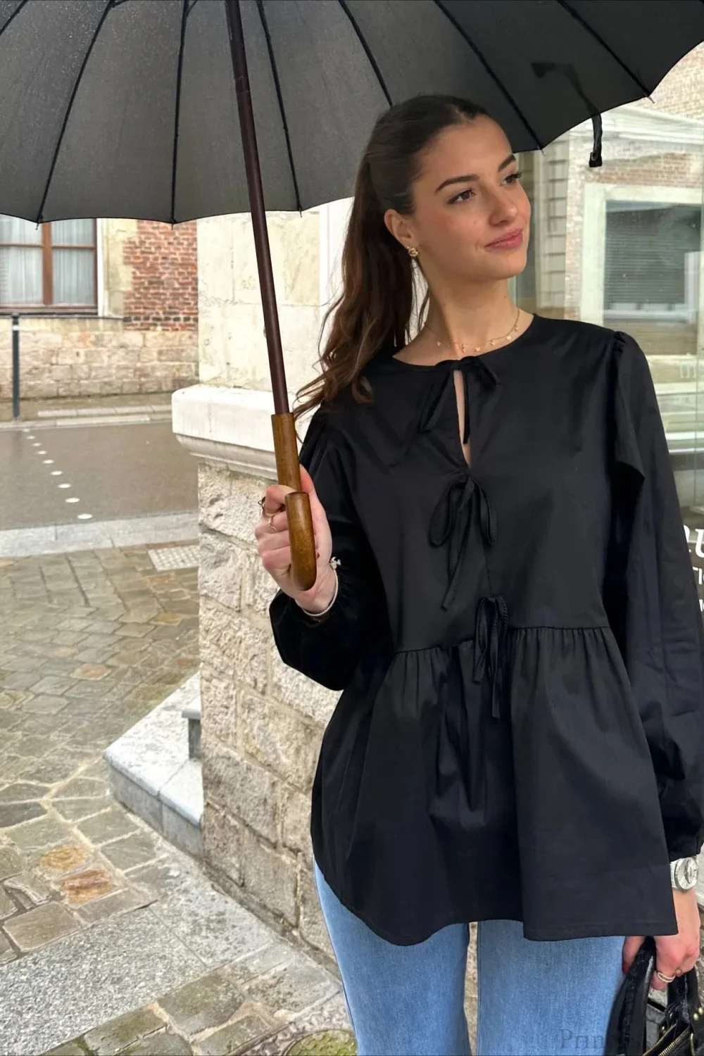 Striped Loose Fit Lace-Up Round Neck Blouse - Image 9