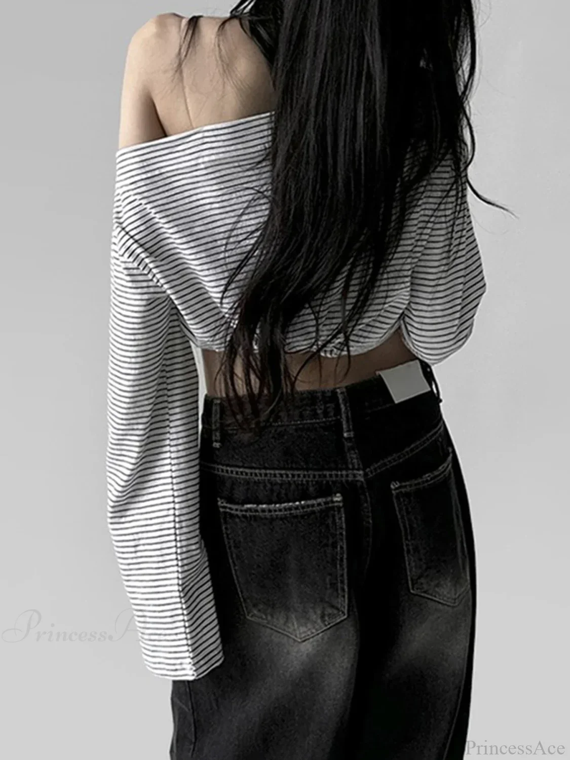 Striped Off-Shoulder Loose Slash Neck Long Sleeve Knit Top - Image 2