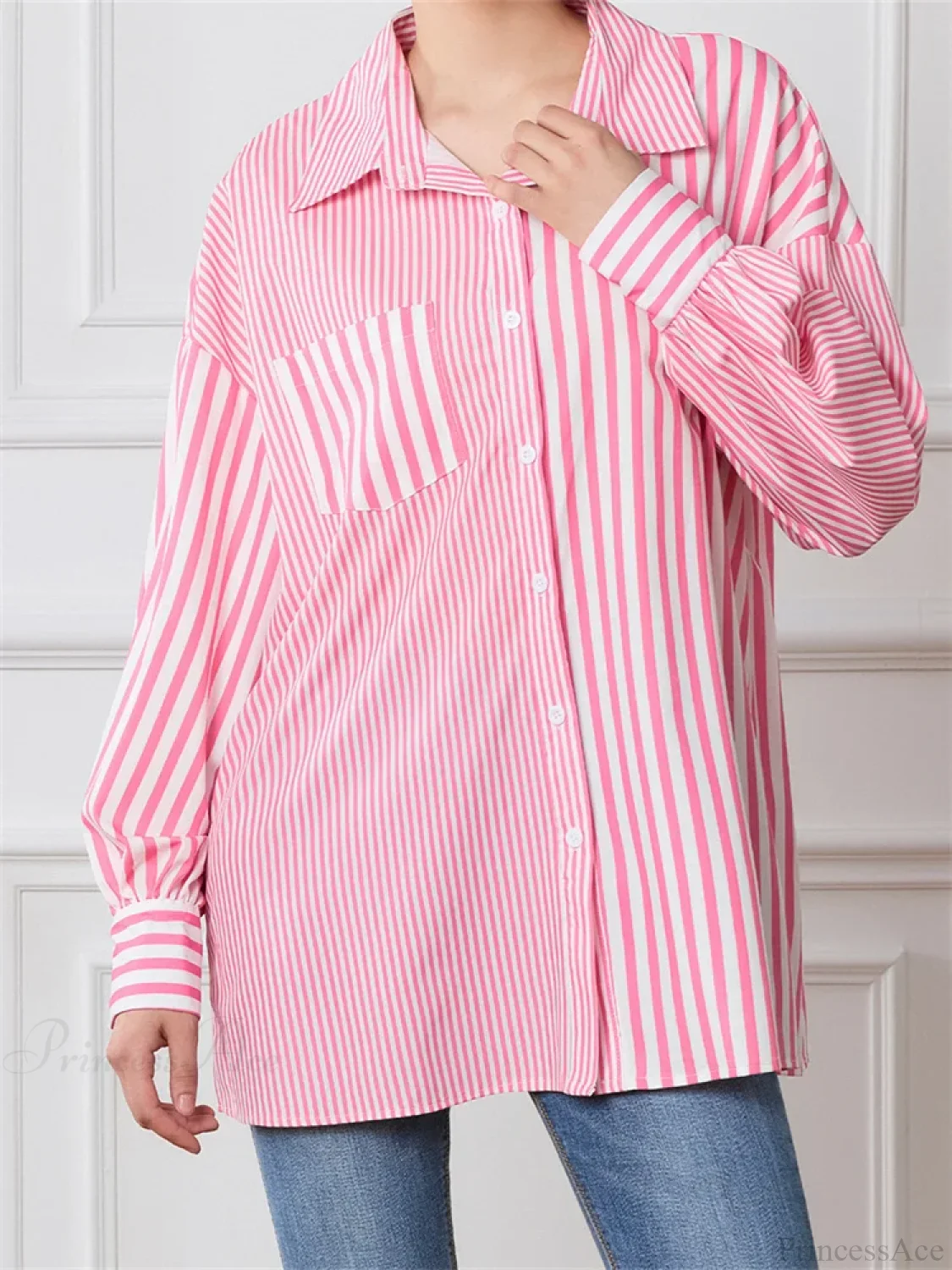 Striped Patchwork Button-Down Blouse - Image 3