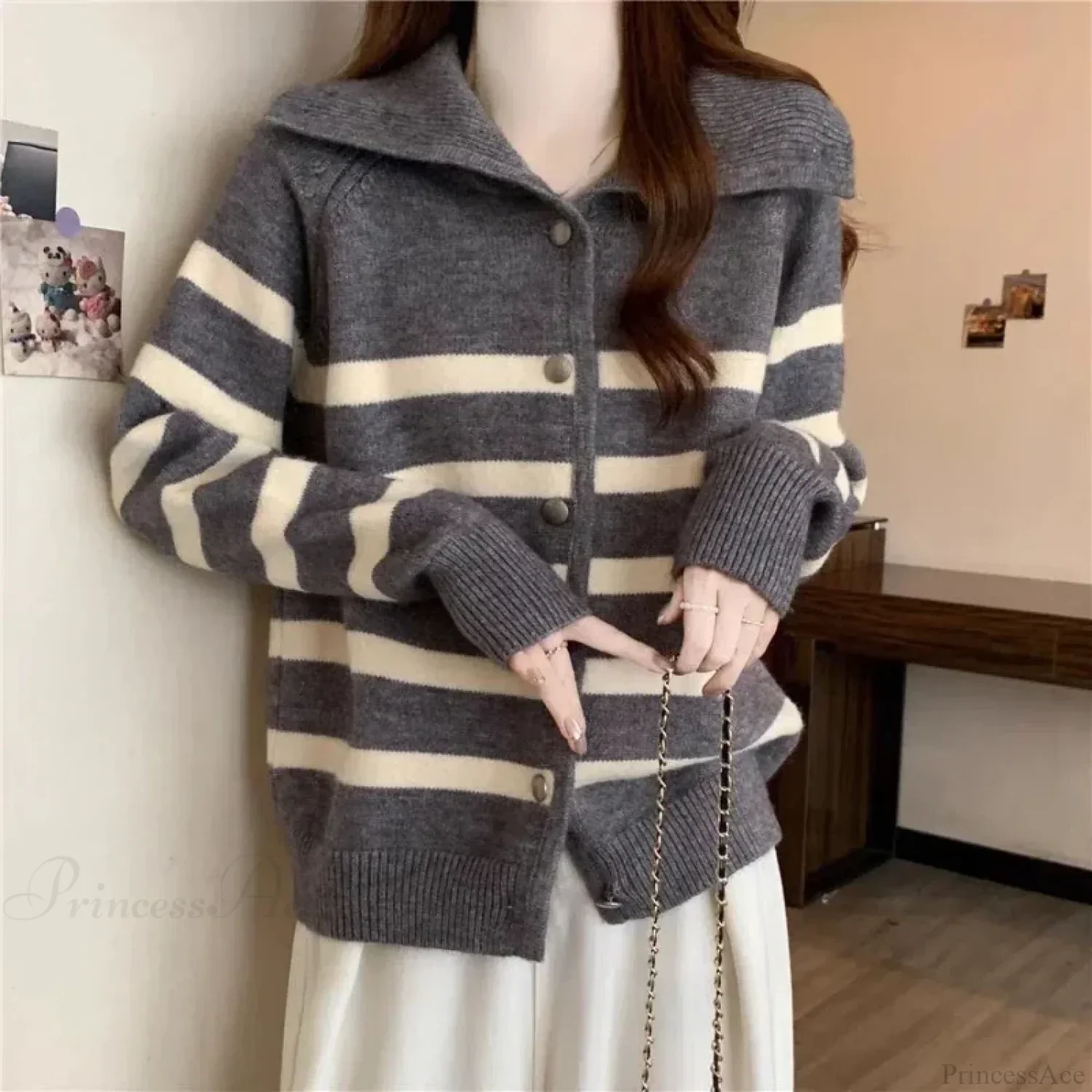 Striped Polo Collar Slimming Cardigan - Image 4