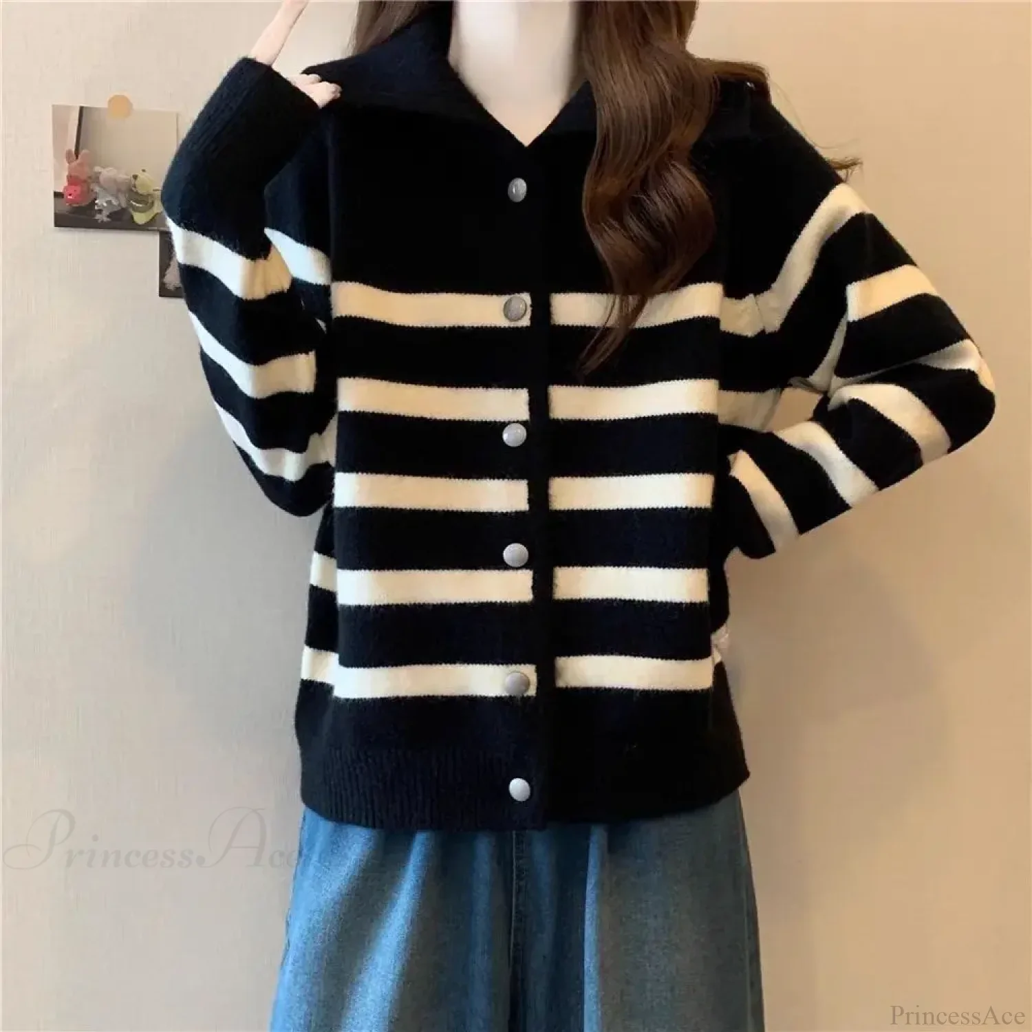 Striped Polo Collar Slimming Cardigan - Image 5