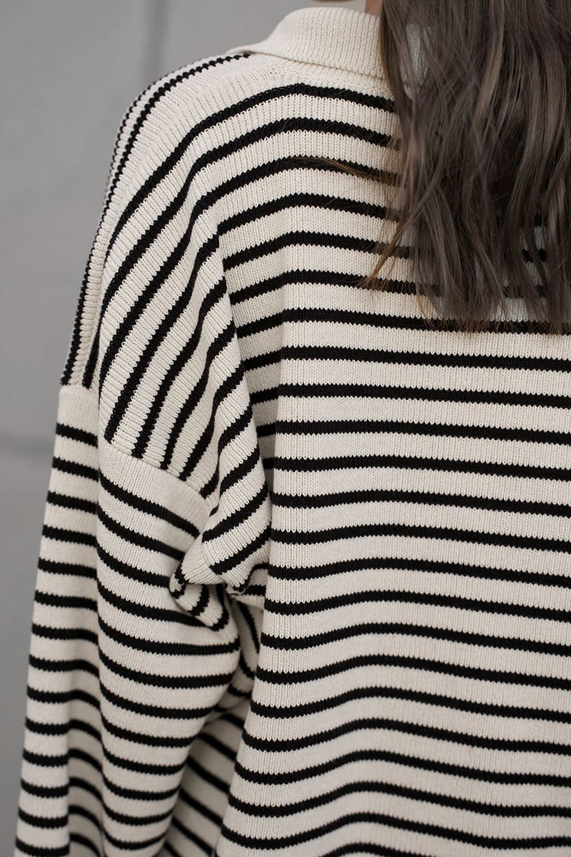 Striped Polo Neck Loose Fit Knit Sweater - Image 4