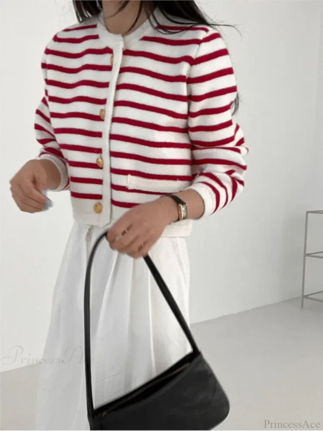 Striped Print Cropped Loose Knit Knit Cardigan - Image 5