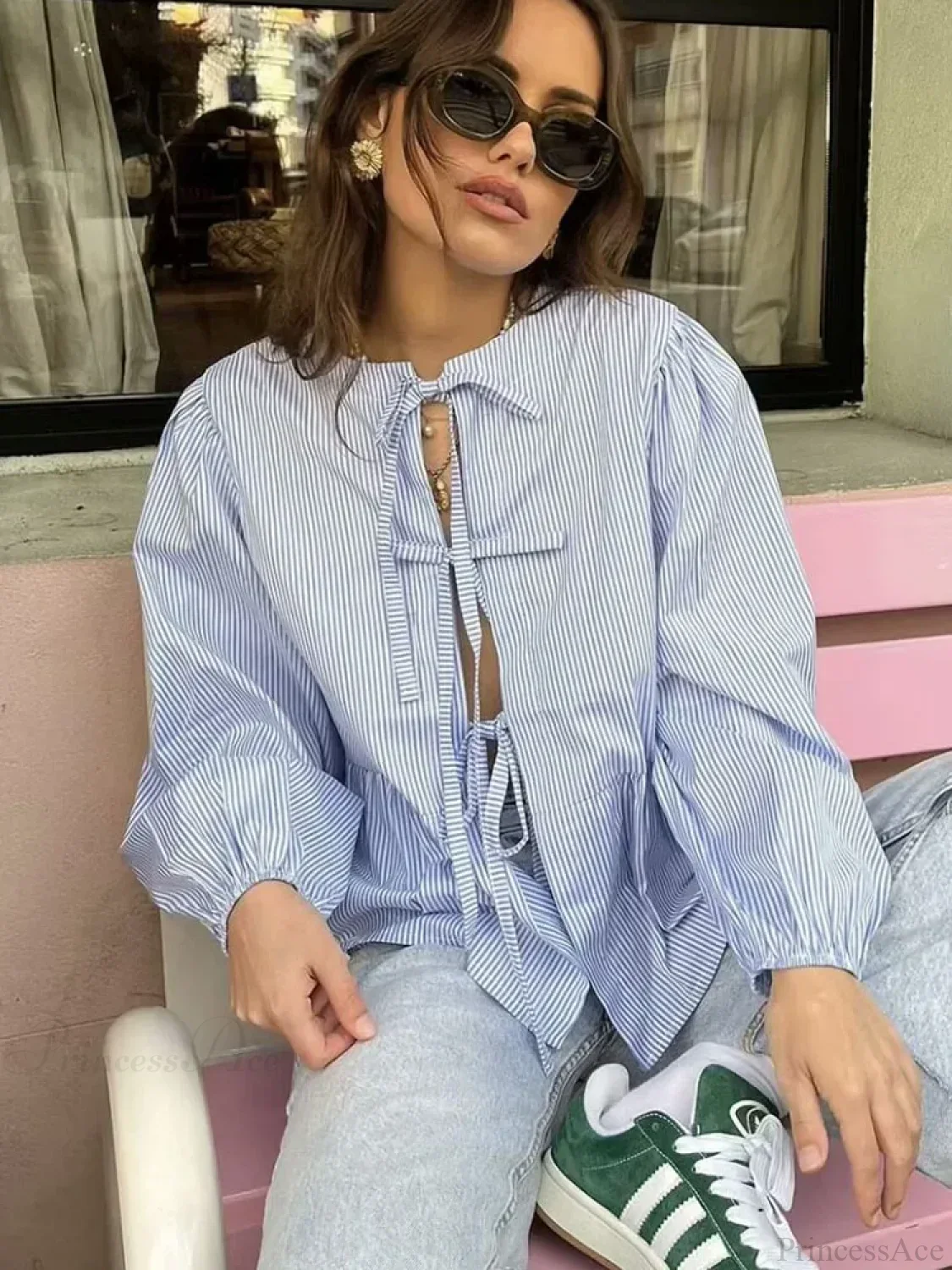 Striped Puff Sleeve Holiday Blouse - Image 2