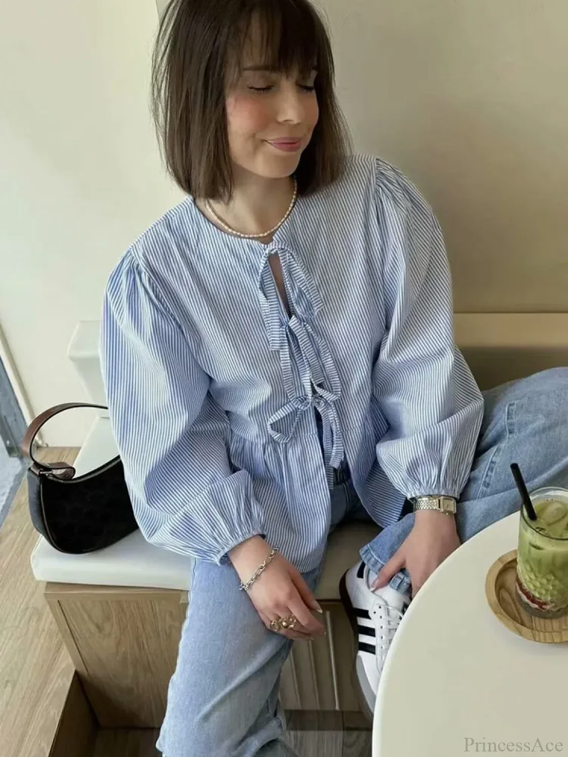 Striped Puff Sleeve Holiday Blouse - Image 3