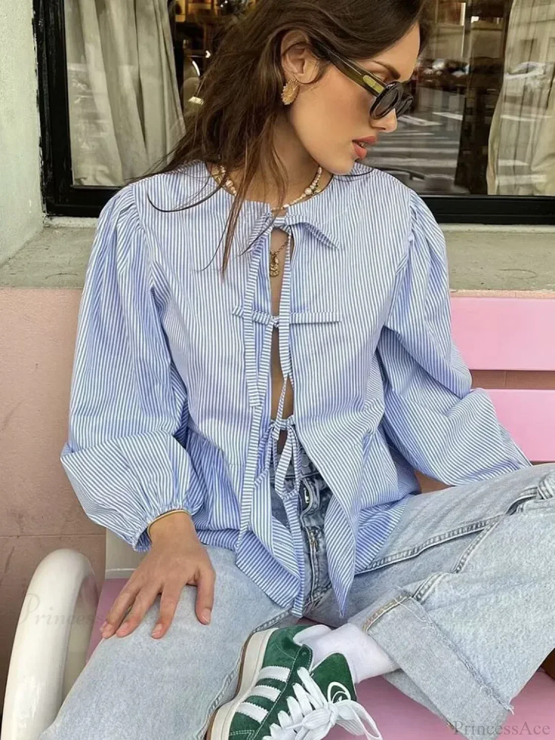 Striped Puff Sleeve Holiday Blouse - Image 4