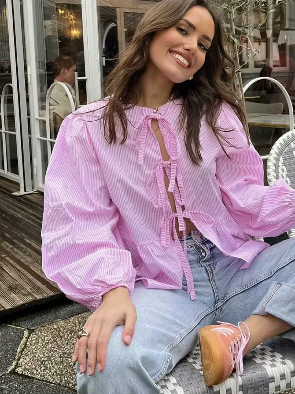 Striped Puff Sleeve Holiday Blouse - Image 5