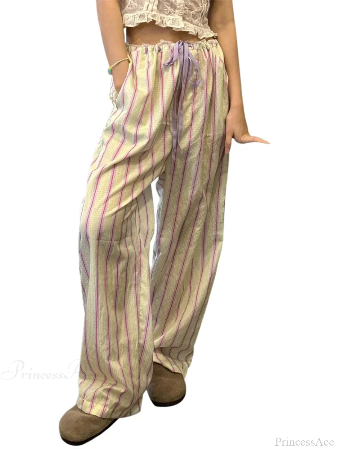 Striped Ruffles Drawstring Elastic Waist Casual Pant - Image 5
