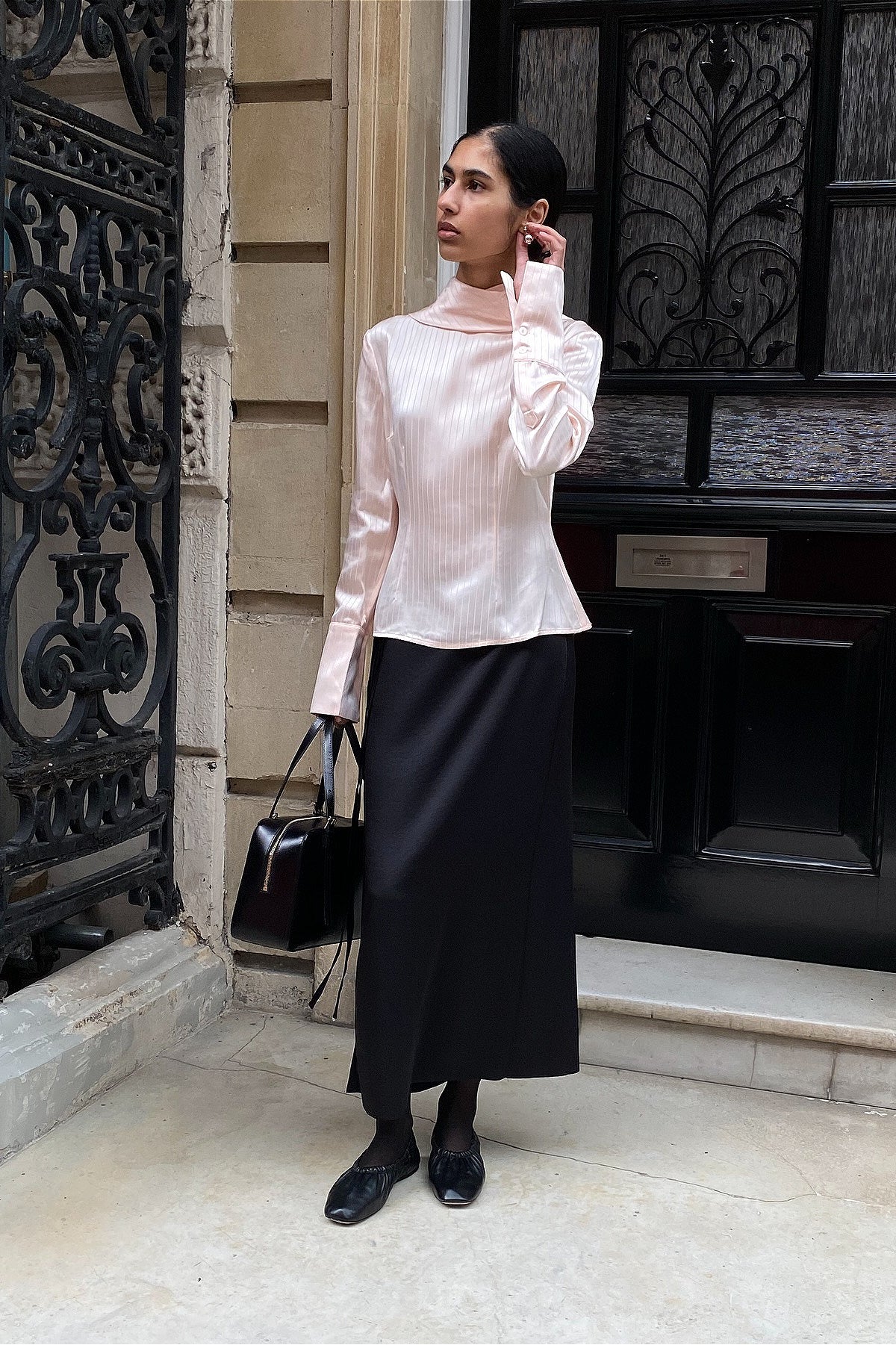 Striped Satin Turtleneck Tie Waist Slim Blouse - Image 5