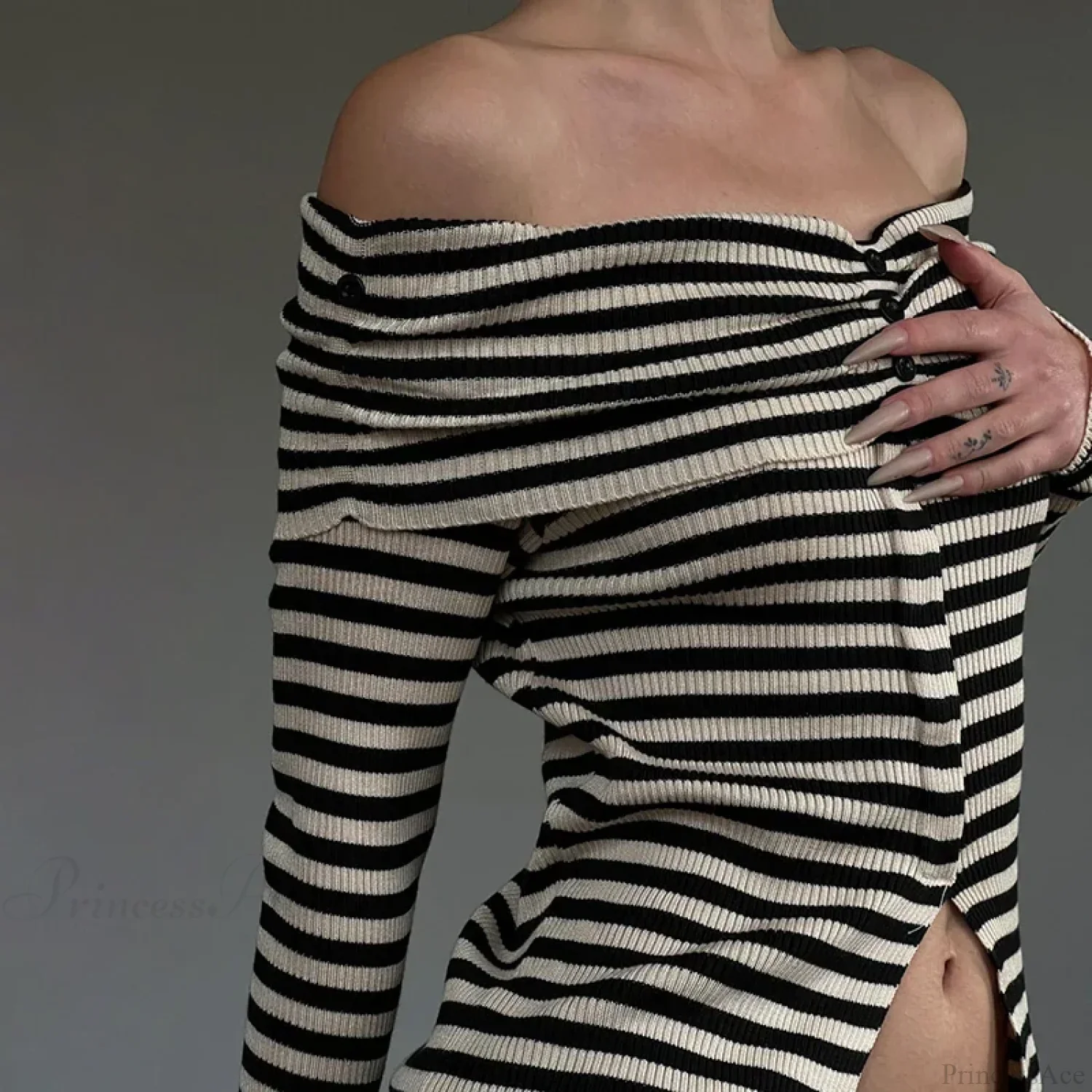 Striped Slash Neck Knit Top - Image 2