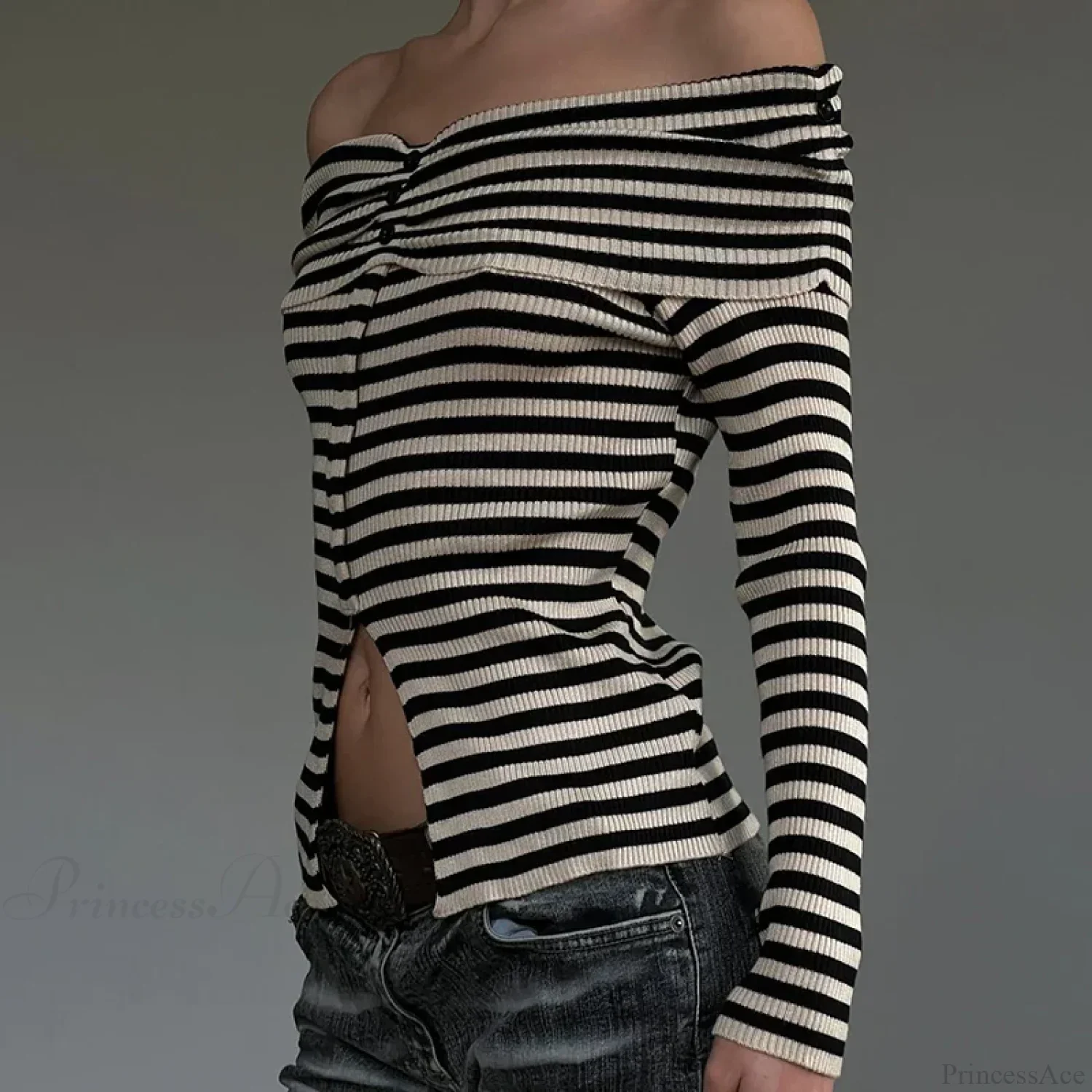 Striped Slash Neck Knit Top - Image 3