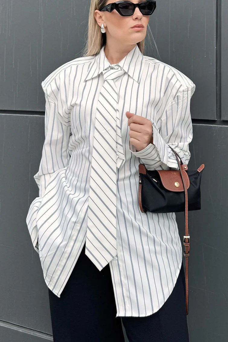 Striped Tie Shoulder Pad Smart Blouse