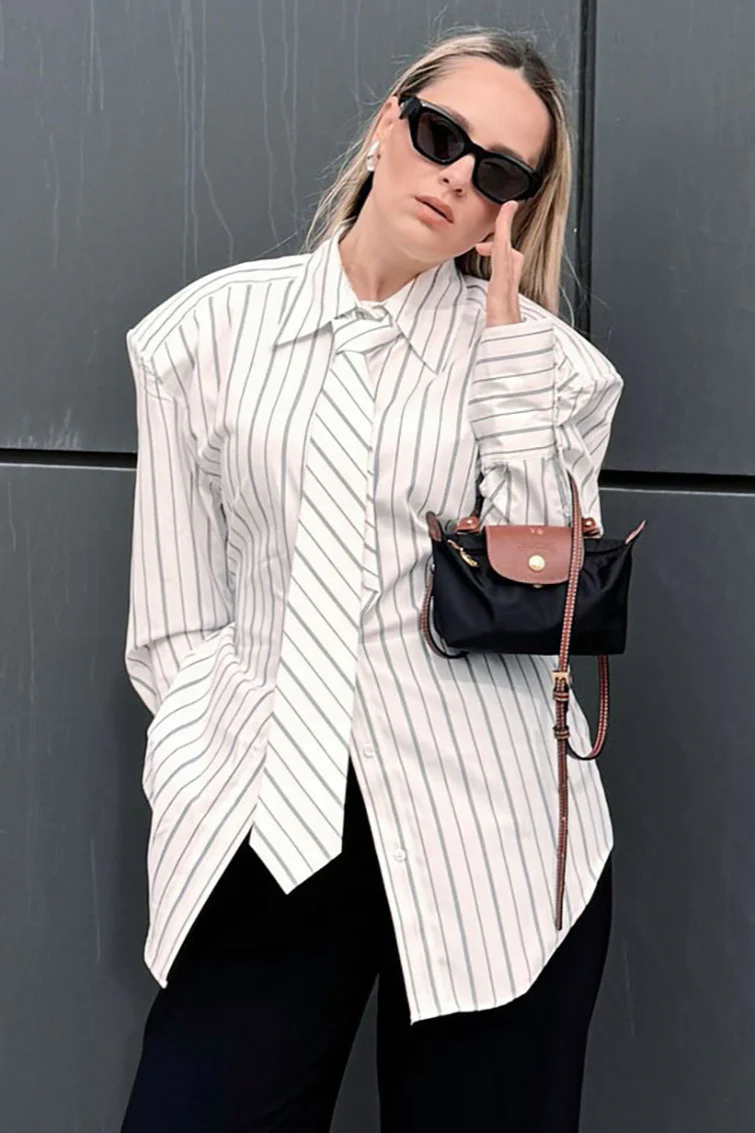 Striped Tie Shoulder Pad Smart Blouse - Image 2