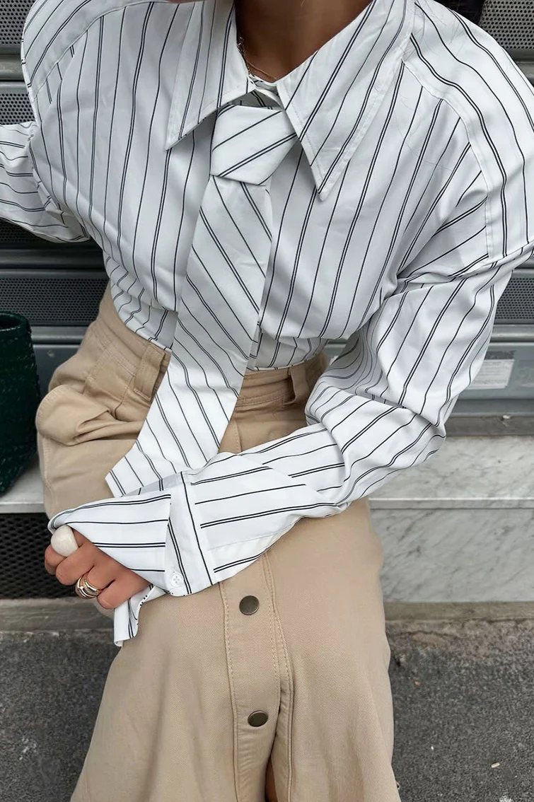Striped Tie Shoulder Pad Smart Blouse - Image 5