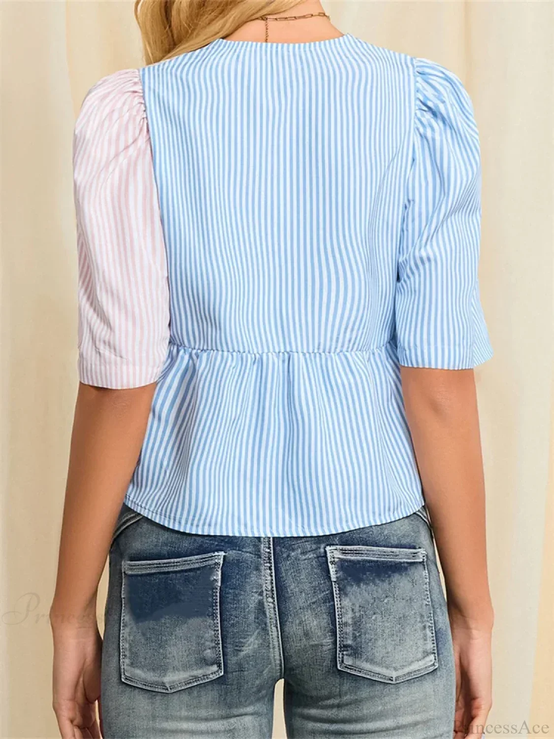 Striped Tie-Up Short Sleeve Blouse - Image 4