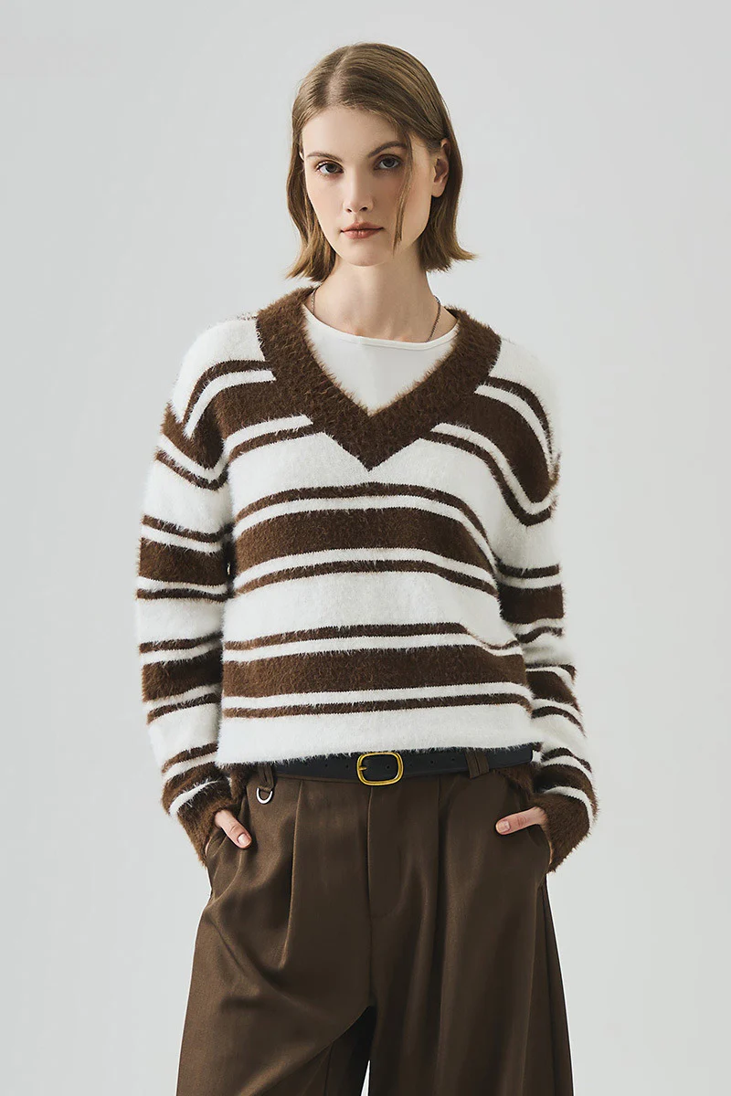 Striped V Neck Loose Long Sleeve Knit Sweater