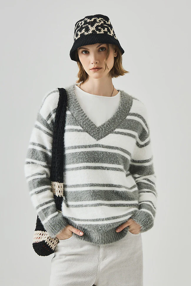 Striped V Neck Loose Long Sleeve Knit Sweater - Image 2
