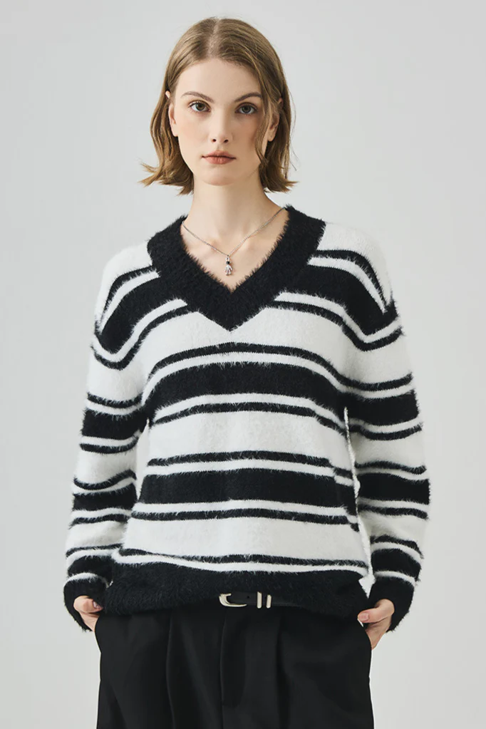Striped V Neck Loose Long Sleeve Knit Sweater - Image 5