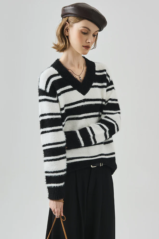 Striped V Neck Loose Long Sleeve Knit Sweater - Image 6