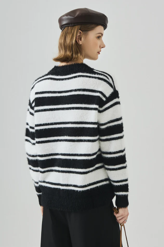 Striped V Neck Loose Long Sleeve Knit Sweater - Image 7