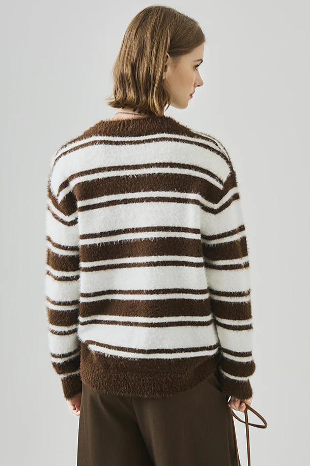 Striped V Neck Loose Long Sleeve Knit Sweater - Image 9