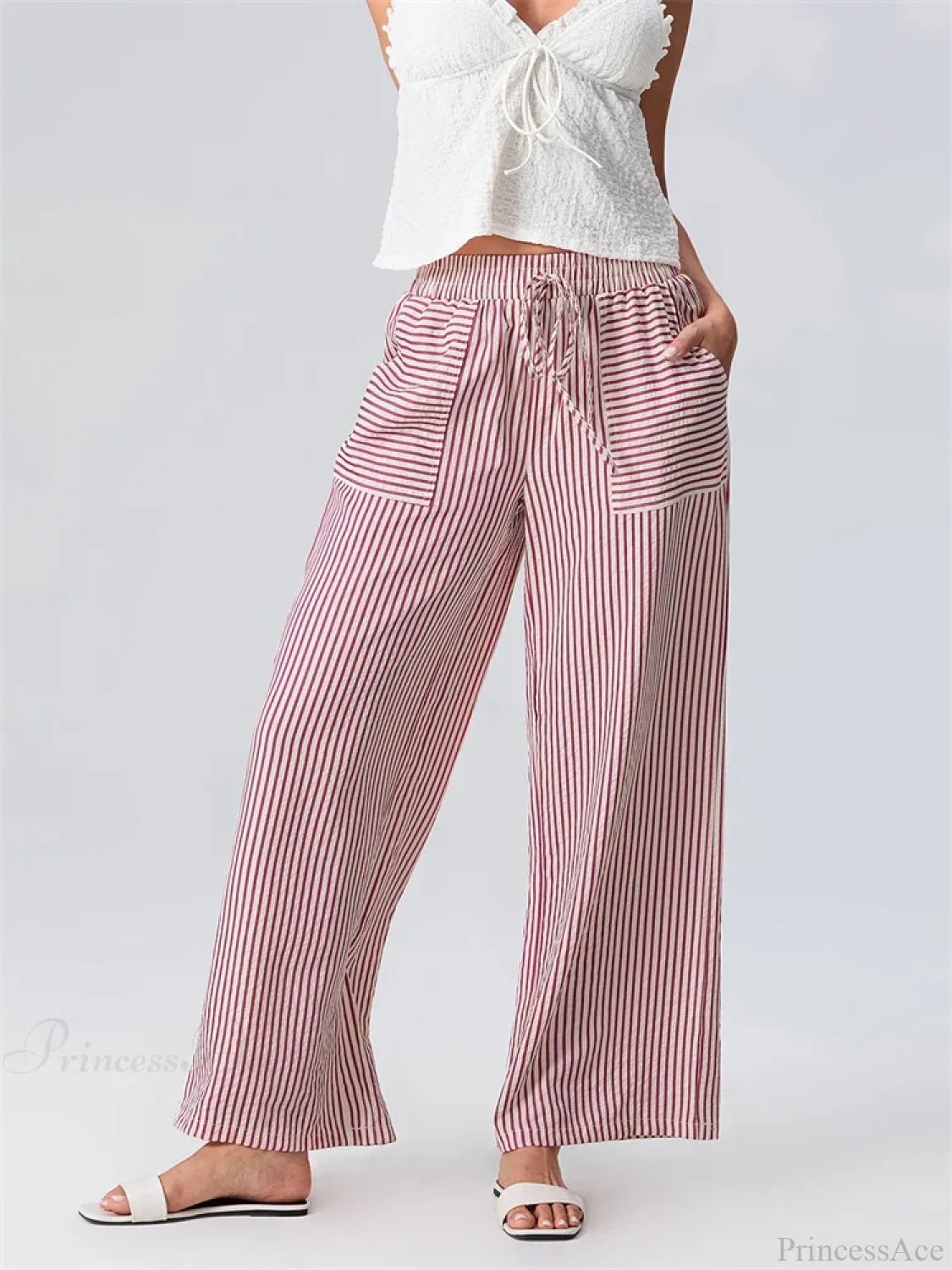 Striped Wide Leg Elastic Waist Loose Street Pant - Image 2