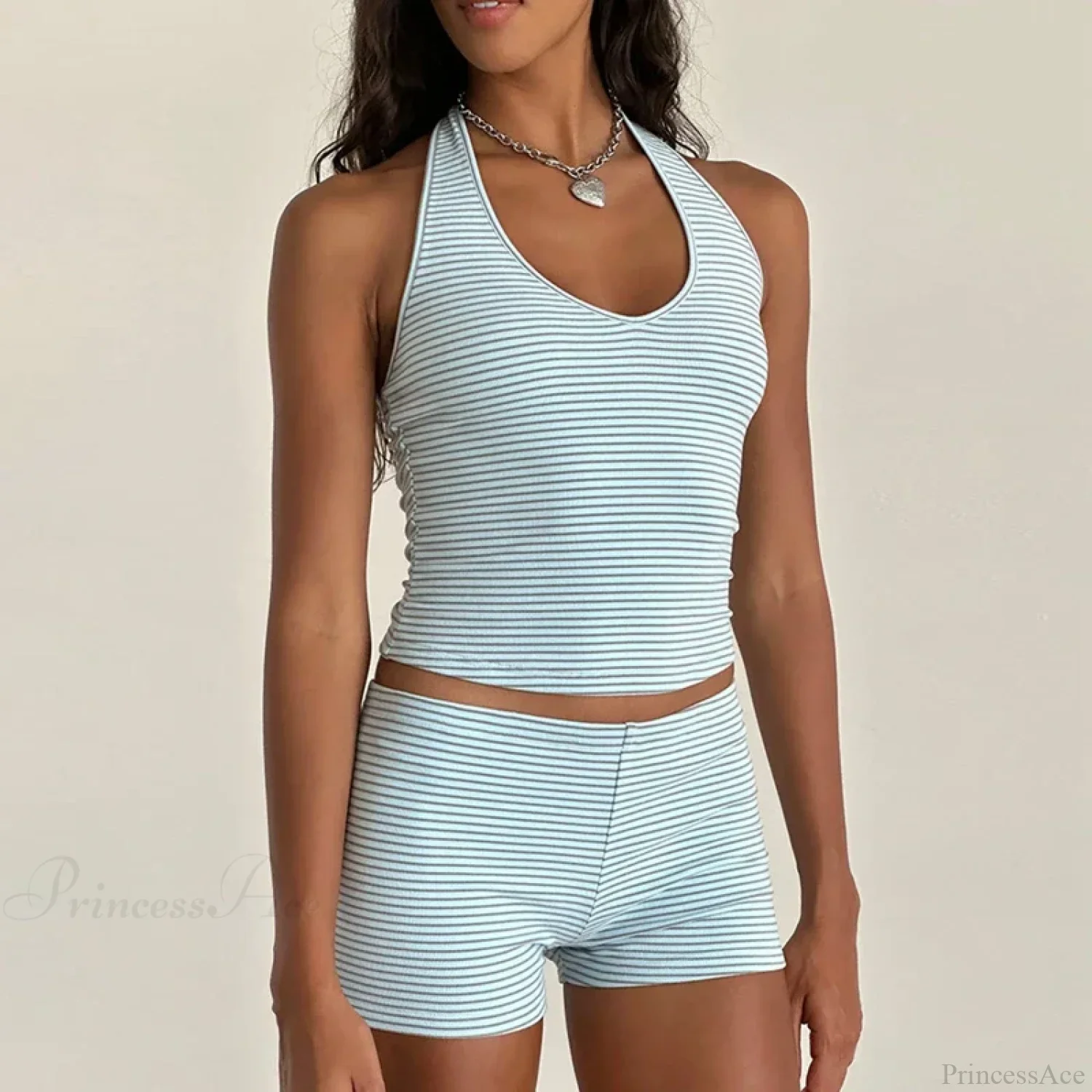 Stripes Print Sleeveless V Neck Halter Crop Low Waist Shorts Two Pieces Set