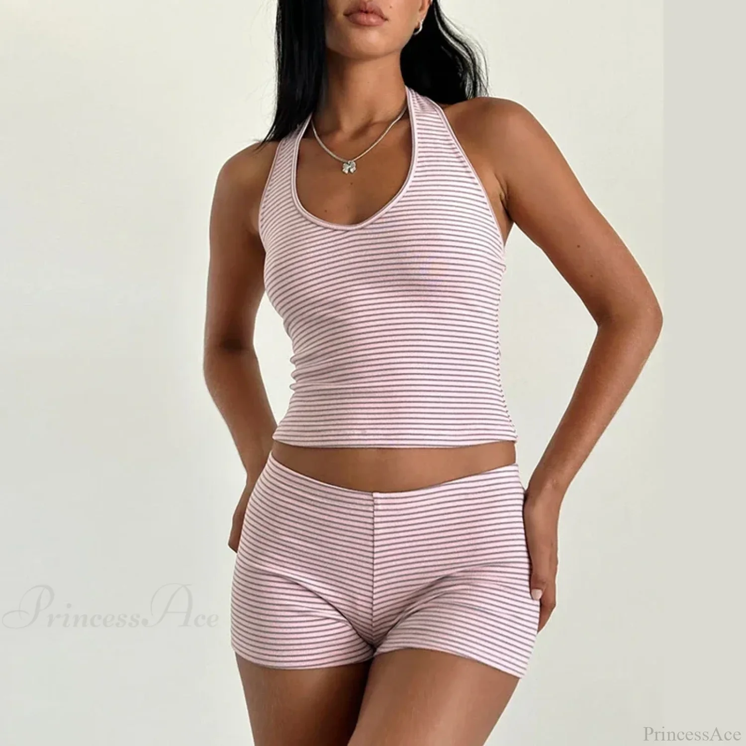 Stripes Print Sleeveless V Neck Halter Crop Low Waist Shorts Two Pieces Set - Image 5