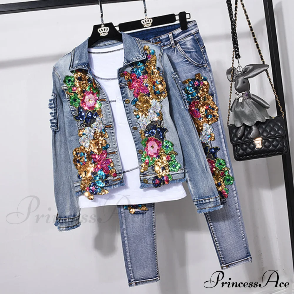 Style European Flower Suit Women Jeans Pants Outfit Jacket & Denim Fashion Sequined Set