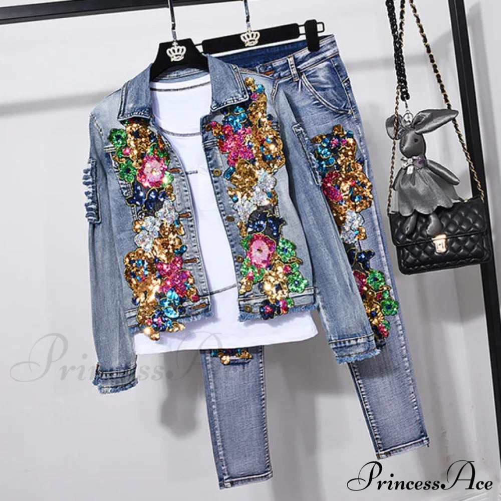 Style European Flower Suit Women Jeans Pants Outfit Jacket & Denim Fashion Sequined Set - Image 2
