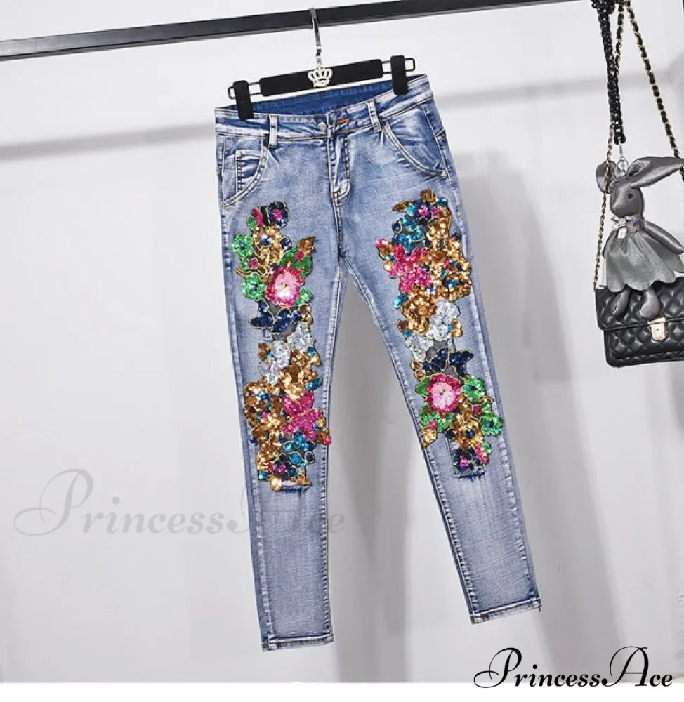 Style European Flower Suit Women Jeans Pants Outfit Jacket & Denim Fashion Sequined Set - Image 8