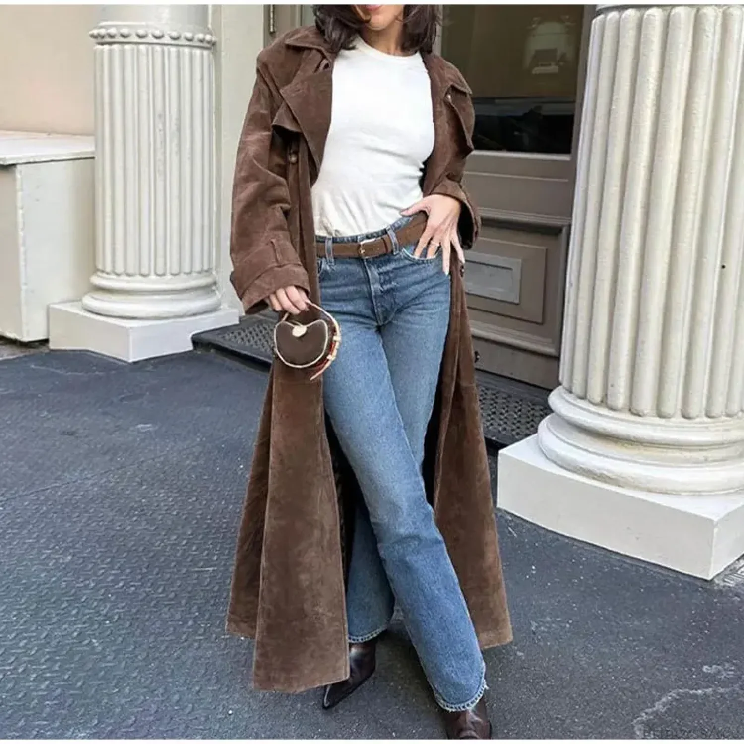 Suede Leather Chocolate Belted Overcoat - Image 2
