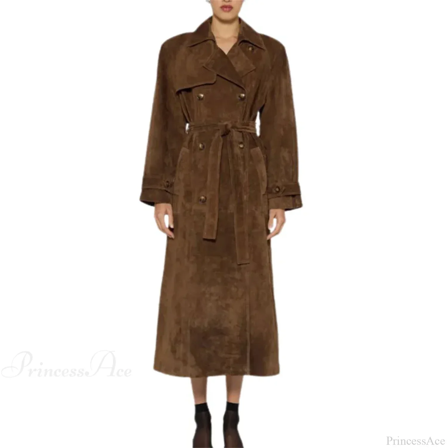 Suede Leather Chocolate Belted Overcoat - Image 5