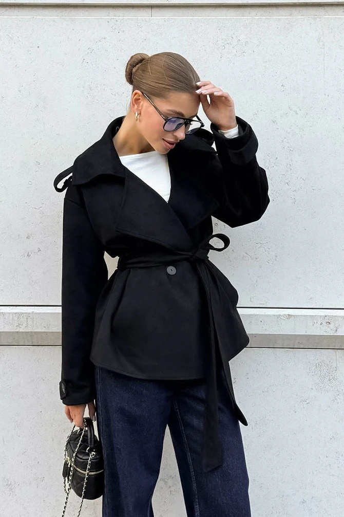 Suede Solid Tie Waist Thickened Warm Coat