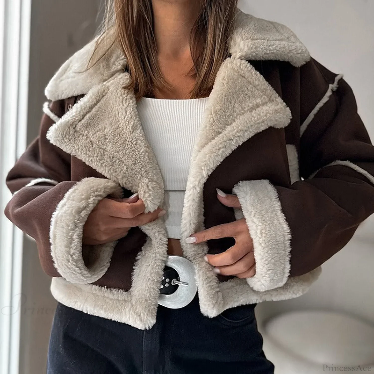 Suede Wide Lapel Cropped Fleece-Lined Long Sleeve Coat - Image 3