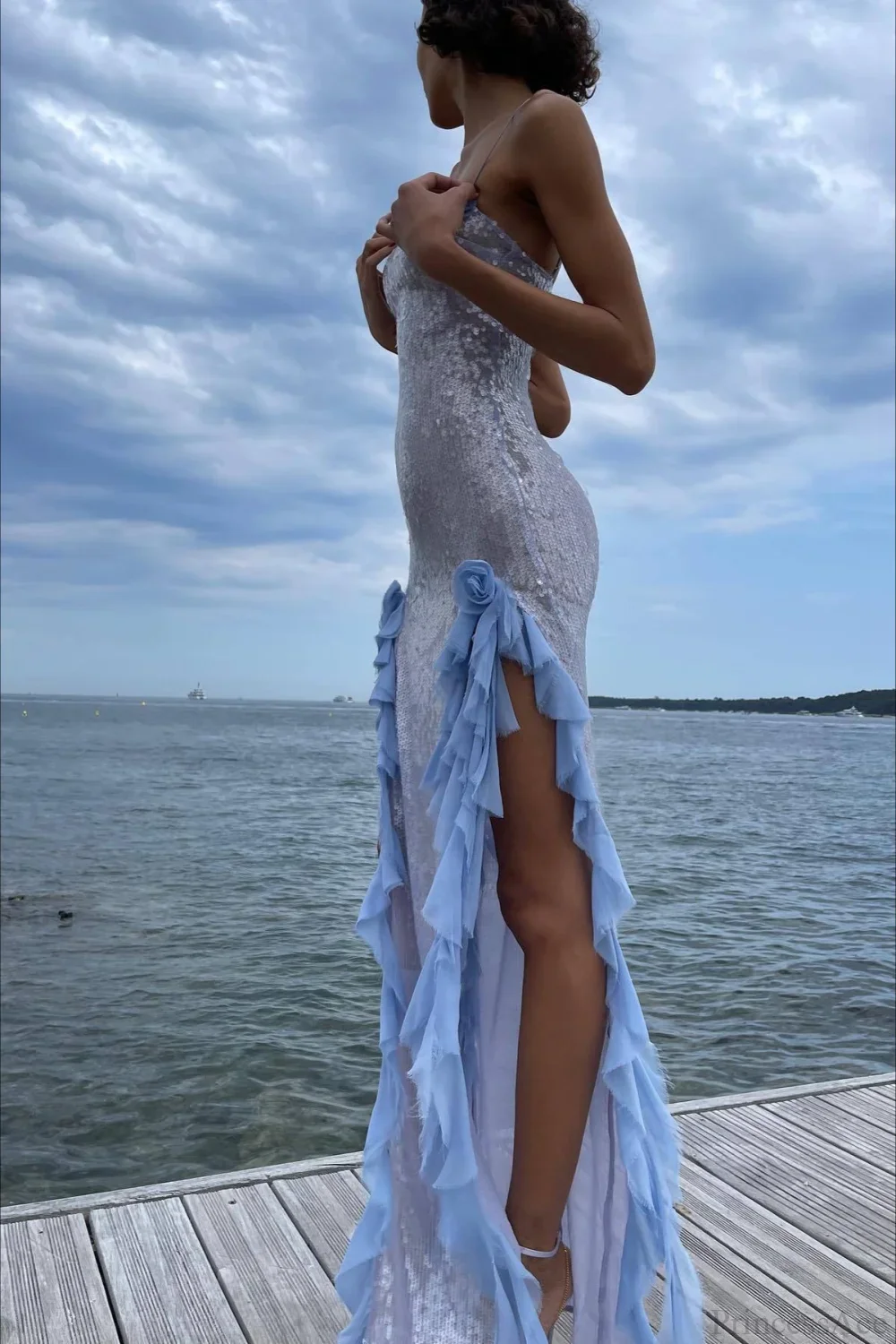 Sultry Sequined Ruffled 3D Floral Evening Dress - Image 5