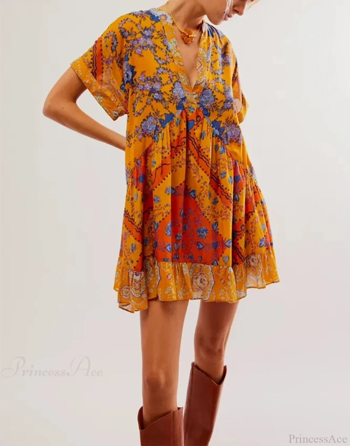 Summer Bohemian Babydoll Floral Print V-Neck Dress - Image 10