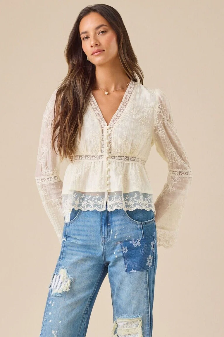 Lace Casual Hollow Out Long Sleeve Blouse - Image 4