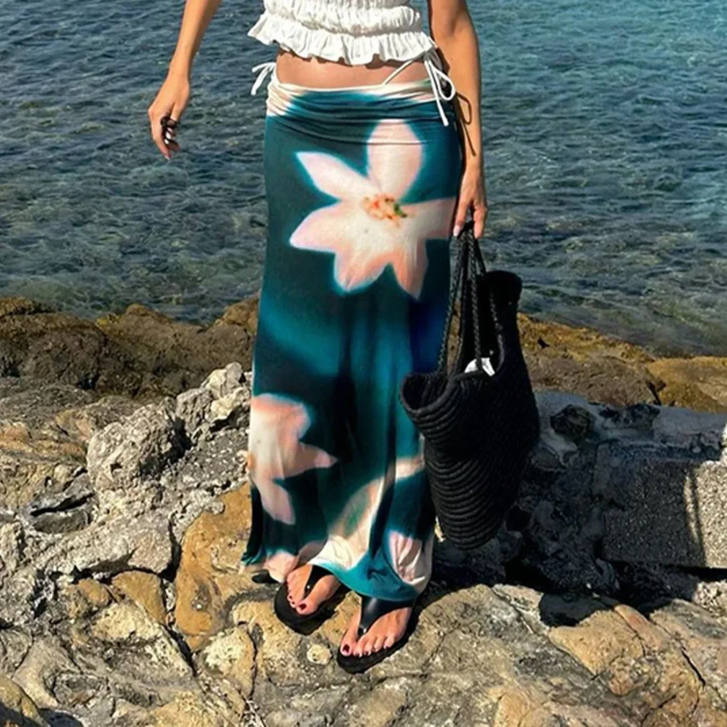 Summer Fashion Blue Print High Waist Maxi Skirt Club Skirt - Image 3