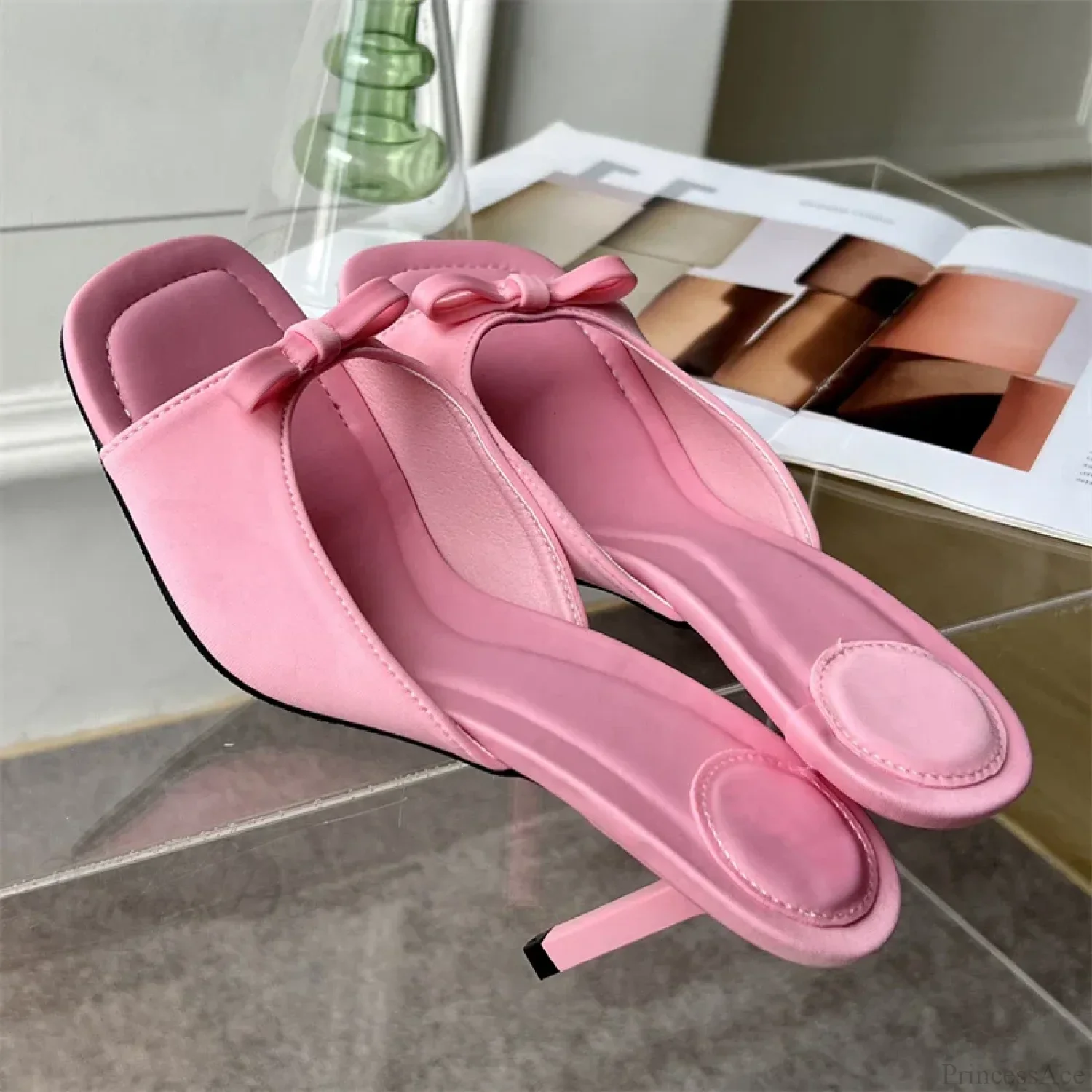 Summer Fashion Butterfly-knot Satin Slip On Thin High Heel Outdoor Dress Low Heel Pump - Image 5