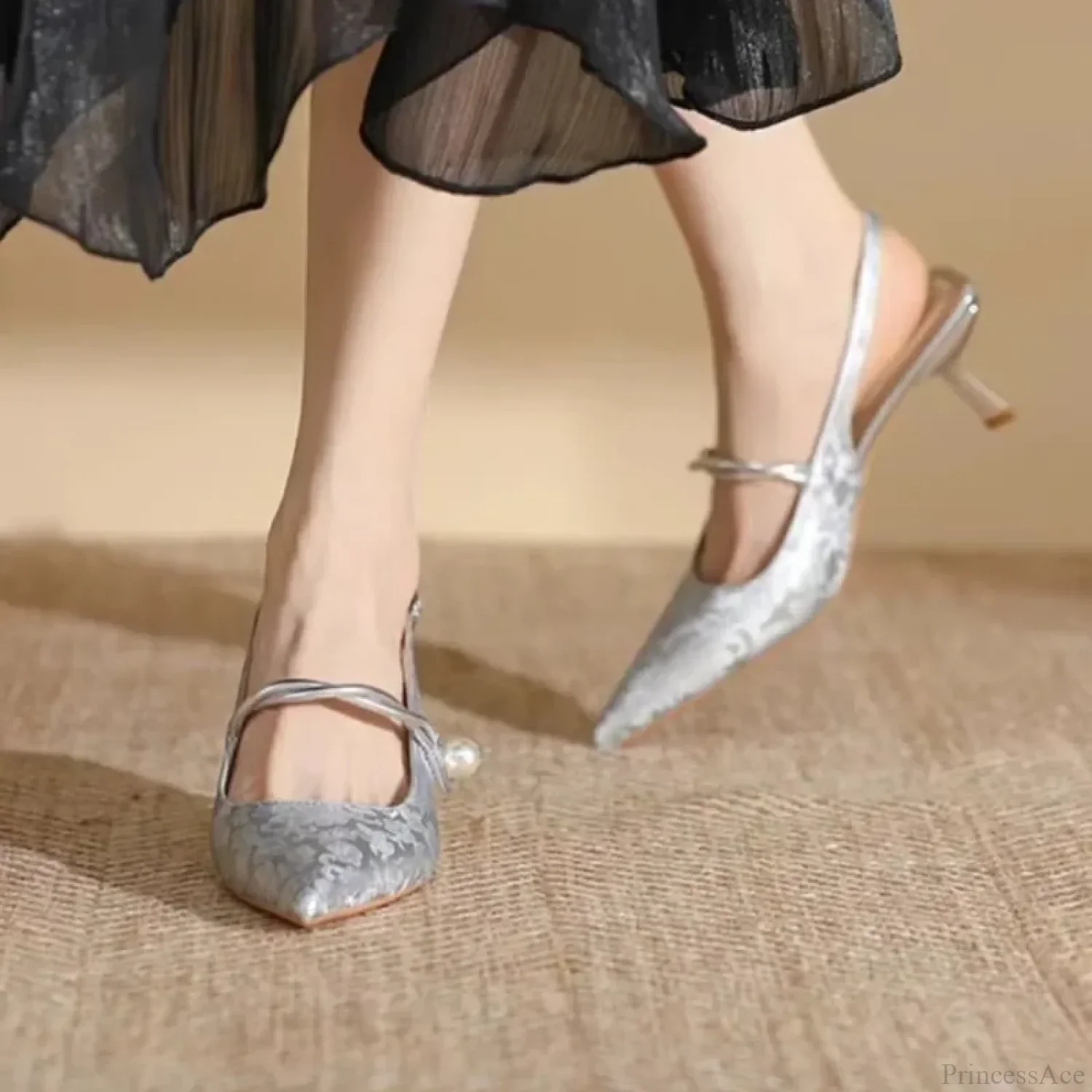 Summer Fashion Pointed Pearl Sexy High Heels Banquet Women Low Heel Pump - Image 3
